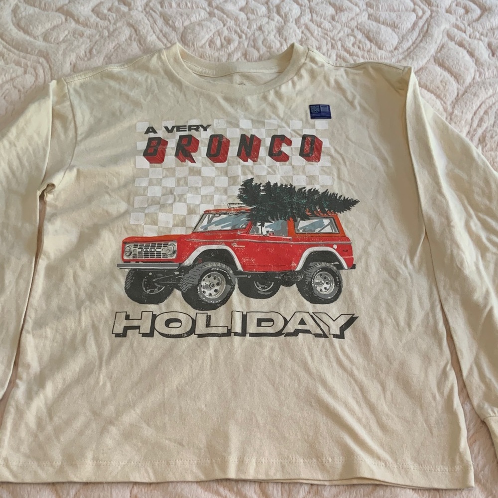 GRAPHIC T-SHIRT:  Ford Bronco Holiday Long Sleeve Shirt - Cream and Red